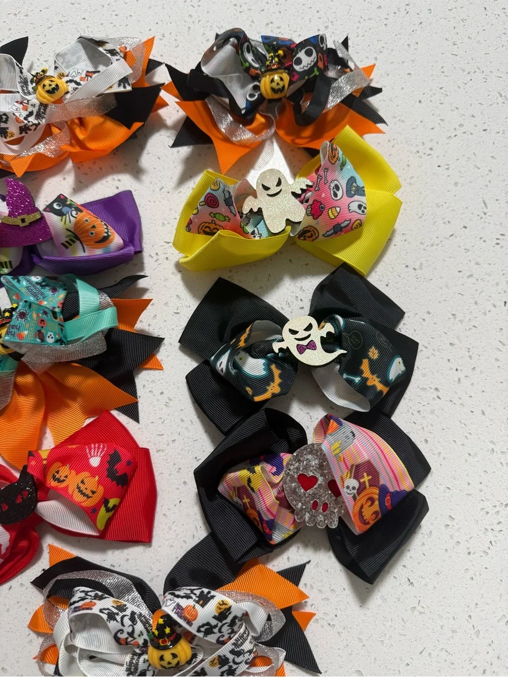 Lot of 9 Halloween Kids Hair Bows - Assorted Orange, Black, Purple, Red, Yellow